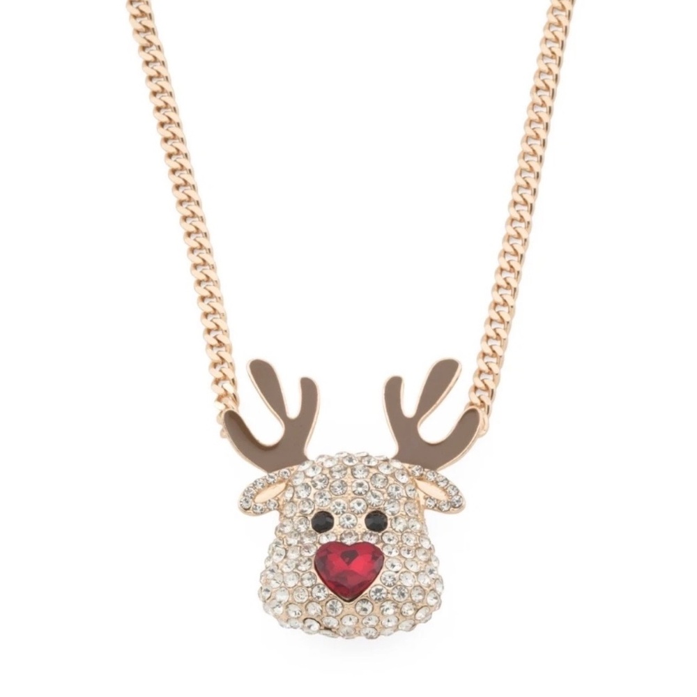 Betsey Johnson Gold Tone Pave Rhinestone Rudolph Red Nosed Reindeer Necklace NWT